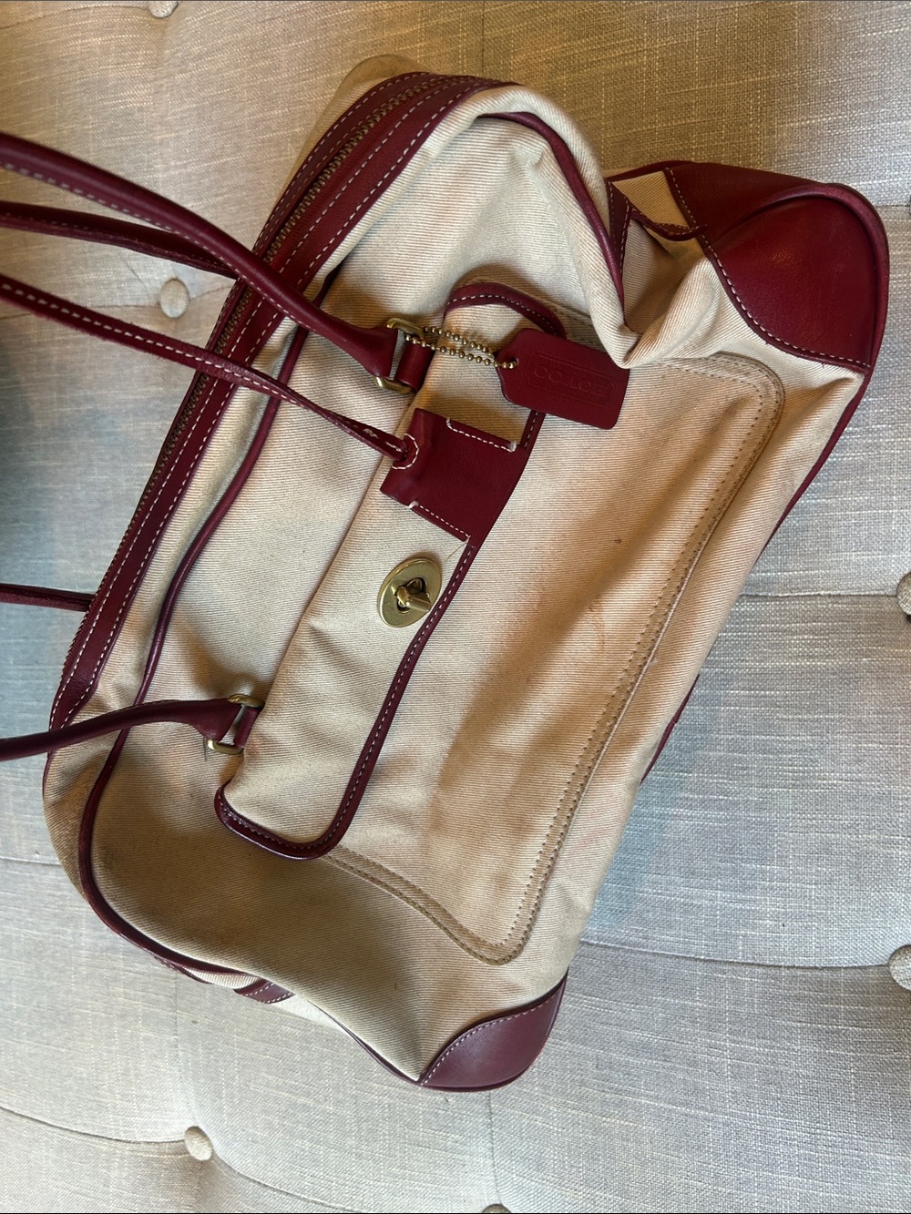 Vintage Coach Beige Canvas and Burgundy Leather Satchel